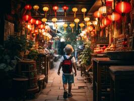 enfant jouit une tranquille promenade par le vibrant ville des rues ai génératif photo