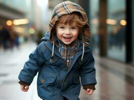 enfant jouit une tranquille promenade par le vibrant ville des rues ai génératif photo