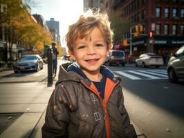 enfant jouit une tranquille promenade par le vibrant ville des rues ai génératif photo