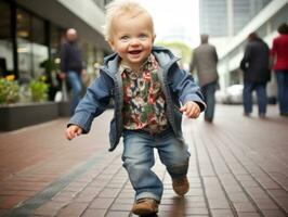 enfant jouit une tranquille promenade par le vibrant ville des rues ai génératif photo