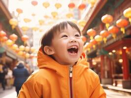 enfant jouit une tranquille promenade par le vibrant ville des rues ai génératif photo