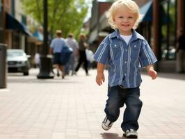 enfant jouit une tranquille promenade par le vibrant ville des rues ai génératif photo