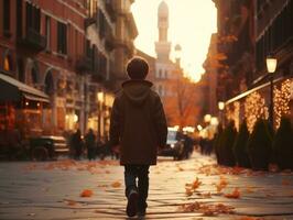 enfant jouit une tranquille promenade par le vibrant ville des rues ai génératif photo