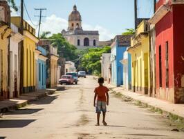 enfant jouit une tranquille promenade par le vibrant ville des rues ai génératif photo