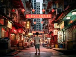 enfant jouit une tranquille promenade par le vibrant ville des rues ai génératif photo