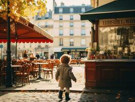 enfant jouit une tranquille promenade par le vibrant ville des rues ai génératif photo