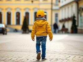 enfant jouit une tranquille promenade par le vibrant ville des rues ai génératif photo