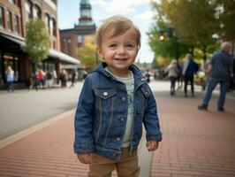 enfant jouit une tranquille promenade par le vibrant ville des rues ai génératif photo