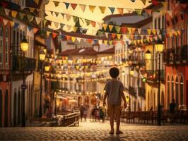 enfant jouit une tranquille promenade par le vibrant ville des rues ai génératif photo