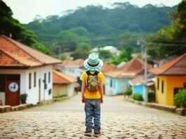 enfant jouit une tranquille promenade par le vibrant ville des rues ai génératif photo