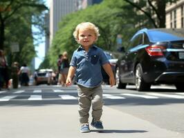 enfant jouit une tranquille promenade par le vibrant ville des rues ai génératif photo