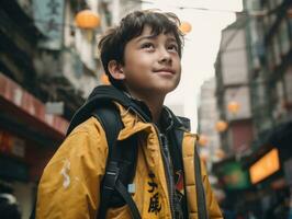 enfant jouit une tranquille promenade par le vibrant ville des rues ai génératif photo