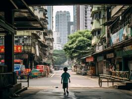 enfant jouit une tranquille promenade par le vibrant ville des rues ai génératif photo