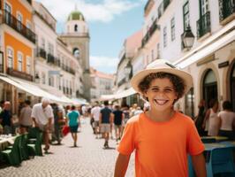 enfant jouit une tranquille promenade par le vibrant ville des rues ai génératif photo