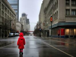 enfant jouit une tranquille promenade par le vibrant ville des rues ai génératif photo