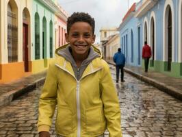 enfant jouit une tranquille promenade par le vibrant ville des rues ai génératif photo