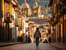 enfant jouit une tranquille promenade par le vibrant ville des rues ai génératif photo