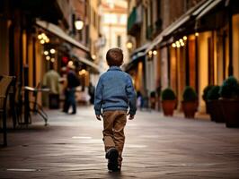 enfant jouit une tranquille promenade par le vibrant ville des rues ai génératif photo