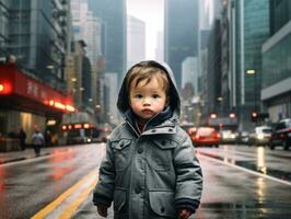 enfant jouit une tranquille promenade par le vibrant ville des rues ai génératif photo