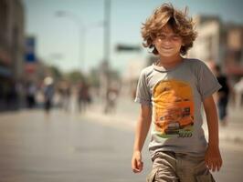 enfant jouit une tranquille promenade par le vibrant ville des rues ai génératif photo