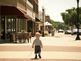 enfant jouit une tranquille promenade par le vibrant ville des rues ai génératif photo