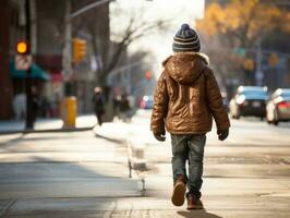 enfant jouit une tranquille promenade par le vibrant ville des rues ai génératif photo