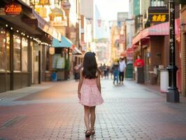 enfant jouit une tranquille promenade par le vibrant ville des rues ai génératif photo