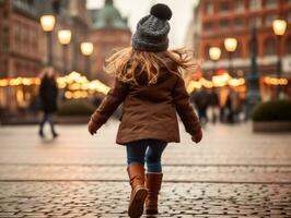 enfant jouit une tranquille promenade par le vibrant ville des rues ai génératif photo