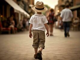 enfant jouit une tranquille promenade par le vibrant ville des rues ai génératif photo