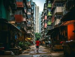 enfant jouit une tranquille promenade par le vibrant ville des rues ai génératif photo