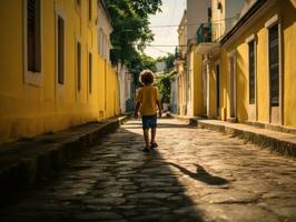 enfant jouit une tranquille promenade par le vibrant ville des rues ai génératif photo