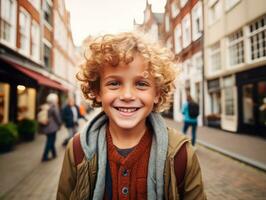 enfant jouit une tranquille promenade par le vibrant ville des rues ai génératif photo