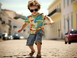 enfant jouit une tranquille promenade par le vibrant ville des rues ai génératif photo