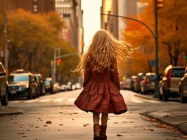 enfant jouit une tranquille promenade par le vibrant ville des rues ai génératif photo