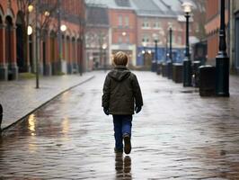 enfant jouit une tranquille promenade par le vibrant ville des rues ai génératif photo