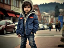 enfant jouit une tranquille promenade par le vibrant ville des rues ai génératif photo