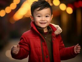 enfant jouit une tranquille promenade par le vibrant ville des rues ai génératif photo