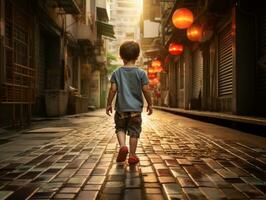 enfant jouit une tranquille promenade par le vibrant ville des rues ai génératif photo