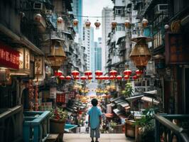 enfant jouit une tranquille promenade par le vibrant ville des rues ai génératif photo