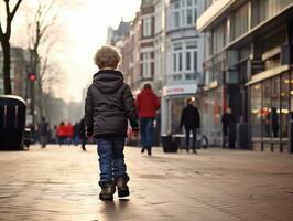 enfant jouit une tranquille promenade par le vibrant ville des rues ai génératif photo