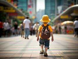 enfant jouit une tranquille promenade par le vibrant ville des rues ai génératif photo