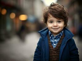 enfant jouit une tranquille promenade par le vibrant ville des rues ai génératif photo