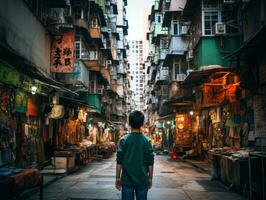 enfant jouit une tranquille promenade par le vibrant ville des rues ai génératif photo