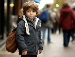 enfant jouit une tranquille promenade par le vibrant ville des rues ai génératif photo