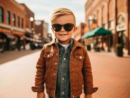 enfant jouit une tranquille promenade par le vibrant ville des rues ai génératif photo