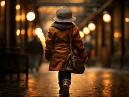 enfant jouit une tranquille promenade par le vibrant ville des rues ai génératif photo