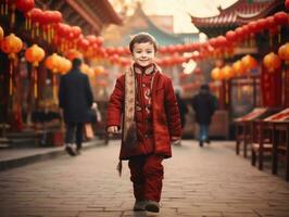 enfant jouit une tranquille promenade par le vibrant ville des rues ai génératif photo