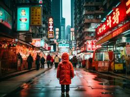 enfant jouit une tranquille promenade par le vibrant ville des rues ai génératif photo