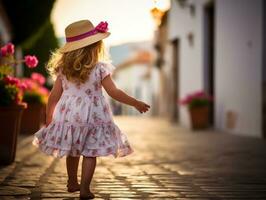 enfant jouit une tranquille promenade par le vibrant ville des rues ai génératif photo