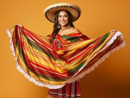 mexicain femme dans émotif dynamique pose sur solide Contexte ai génératif photo